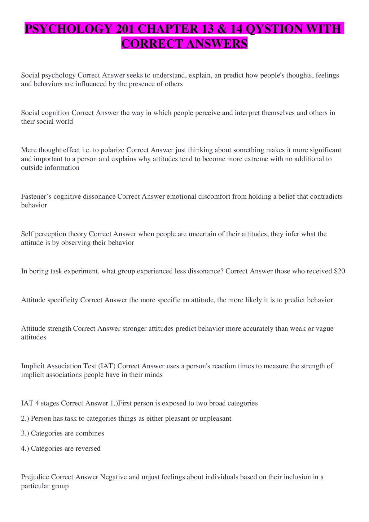 Preview image for PSYCHOLOGY 201 CHAPTER 13 & 14 QYSTION WITH CORRECT ANSWERS